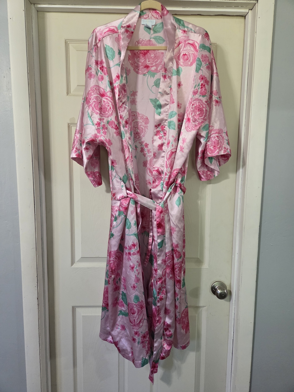 Pink Floral Satin Robe with Belt - Women’s Intimates & Sleepwear - Picture 3 of 13
